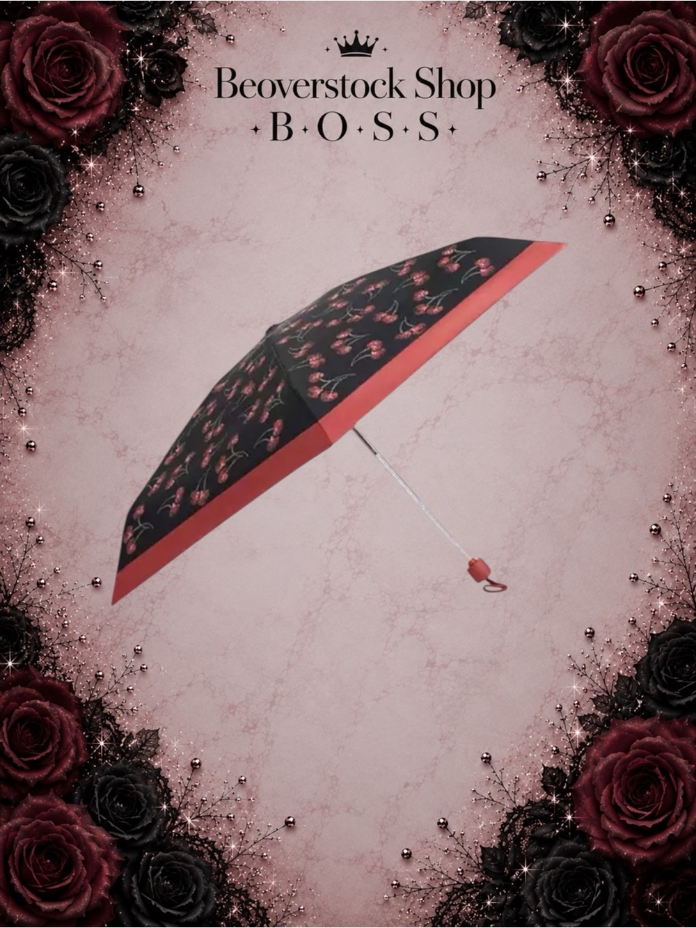 🔴New NWT Coach UV Protection Mini Umbrella with Black/Red Cherry Print